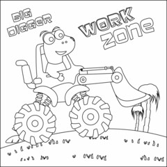 Vector illustration of monster truck with cute dinosaur driver. Cartoon isolated vector illustration, Creative vector Childish design for kids activity colouring book or page. © Hijaznahwani