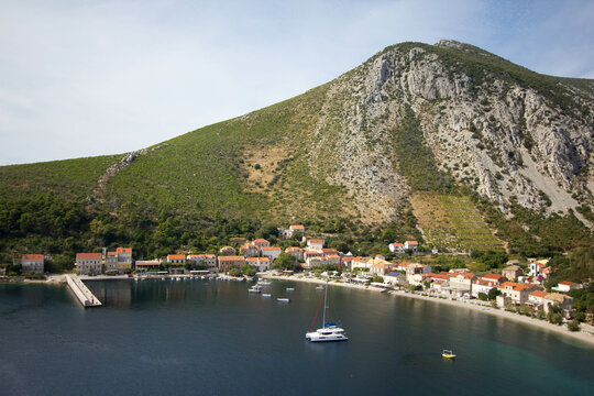 View from mountain on the bay and town of Trstenik, on the Peljesac peninsula , holiday place in Dalmatia, Croatia