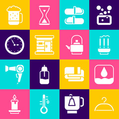 Set Hanger wardrobe, Water drop, Incense sticks, Sauna slippers, wooden bathhouse, clock, Wooden beer mug and Kettle with handle icon. Vector
