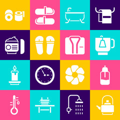 Fototapeta premium Set Kettle with handle, Essential oil bottle, Cup of tea tea bag, Bathtub, Flip flops, Cream or lotion cosmetic tube, Toilet paper roll and Bathrobe icon. Vector