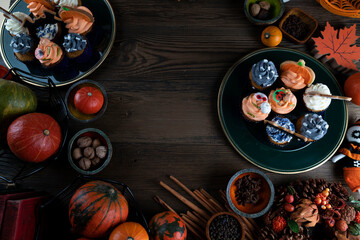 Halloween background  concept. Cookies and decorations prepared for Halloween.