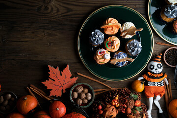 Halloween background  concept. Cookies and decorations prepared for Halloween.