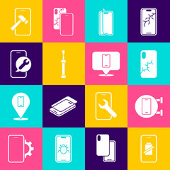 Set Smartphone battery charge, Phone repair service, Mobile with broken screen, Glass protector, Screwdriver, and icon. Vector