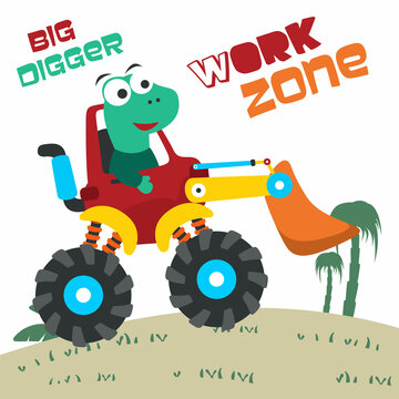 Vector illustration of dinosaurs riding contruction vehicle with cartoon style. Can be used for t-shirt print, kids wear, invitation card. fabric, textile, nursery wallpaper and other decoration.