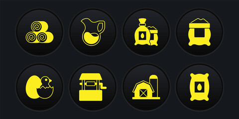 Set Little chick in cracked egg, Bag of flour, Well, Farm house, Pack full seeds plant, Jug glass with milk, and Roll hay icon. Vector
