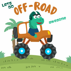 Vector illustration of dinosaurs riding monster truck with cartoon style. Can be used for t-shirt print, kids wear, invitation card. fabric, textile, nursery wallpaper, poster and other decoration. © Hijaznahwani