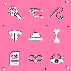 Set Veterinary clinic, Retractable cord leash, Pet cat toy, Cat nose, Shit, Dog bone, Clinical record pet and icon. Vector