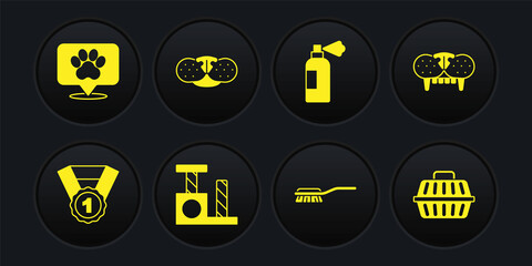 Set Dog award symbol, Cat tooth, scratching post, Hair brush for dog and cat, Pet shampoo, nose, carry case and Location veterinary hospital icon. Vector