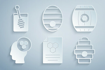 Set Honeycomb, Wooden barrel with honey, Beekeeper, Hive for bees, and dipper stick icon. Vector