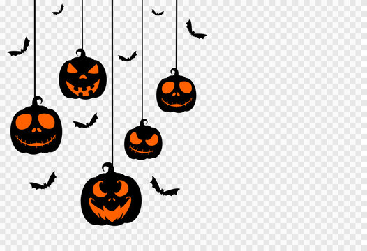 Halloween party  background with scary pumpkin face,bats,hanging from top isolated  on png or transparent texture,template for poster, brochure, promotion,sale marketing vector illustration