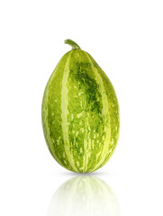 Green pumpkin isolated on white background with reflection and shadow. Autumn vegetable.