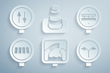 Set Drawbridge ahead, Railroad crossing, Pedestrian crosswalk, Fork the, Traffic cone and Road warning two way traffic icon. Vector