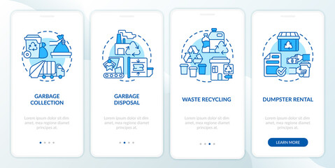 Fototapeta na wymiar Waste management service blue onboarding mobile app page screen. Garbage collection walkthrough 4 steps graphic instructions with concepts. UI, UX, GUI vector template with linear color illustrations