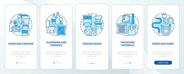 Accepted waste types blue onboarding mobile app page screen. Recyclable material walkthrough 5 steps graphic instructions with concepts. UI, UX, GUI vector template with linear color illustrations