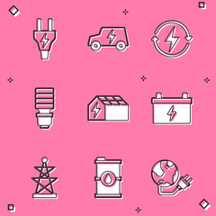 Set Electric plug, car, Recharging, LED light bulb, Solar energy panel, Car battery, tower and Bio fuel barrel icon. Vector