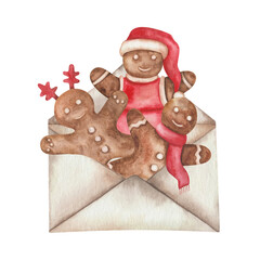 Watercolor illustration hand painted brown gingerbread, cookie man, woman, baby in the envelope isolated on white. Christmas, New Year, winter clip art element for design postcard, packaging, fabric