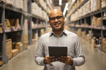Young manager worker checklist manage parcel box product in warehouse. Asian supervisor man using...