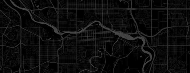 Dark black Calgary City area horizontal vector background map, streets and water cartography illustration.