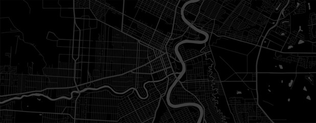 Dark black Winnipeg city area horizontal vector background map, streets and water cartography illustration.