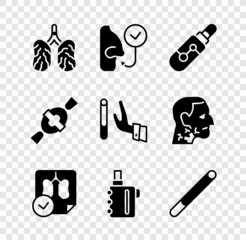 Set Disease lungs, Healthy breathing, Electronic cigarette, Lungs x-ray diagnostics, Cigarette, Candy and Giving up icon. Vector