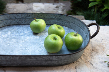 Ripe green apples in a large iron tray on a light background. Side view