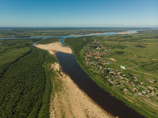 July 2021 - Lomonosovo. Bird's eye view of the village of Lomonosovo. Russia, Arkhangelsk region, Kholmogorsky district 