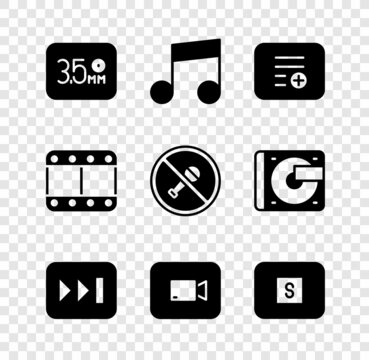 Set Audio jack, Music note, tone, Add playlist, Fast forward, Play video button, Stop media, and Mute microphone icon. Vector