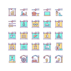 3d printing technology RGB color icons set. Creating three dimensional objects. Rapid prototyping. 3d modeling. Product testing. Isolated vector illustrations. Simple filled line drawings collection
