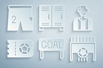 Set Goal soccer football, Football or referee, ticket, goal with, Locker changing room and Shorts for playing icon. Vector