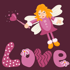 Cute Fairy with magic wand and heart. Love concept. Vector illustration