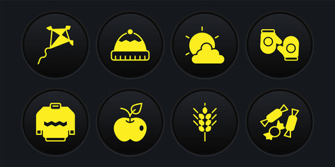 Set Sweater, Christmas mitten, Apple, Wheat, Sun and cloud weather, Winter hat, Candy and Kite icon. Vector