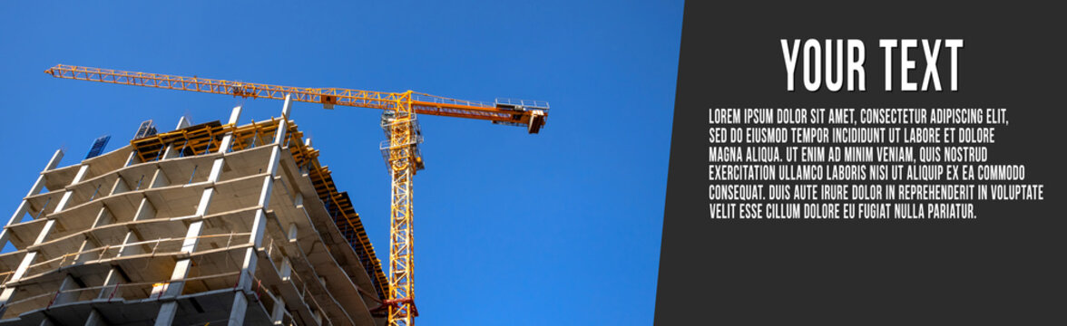 Panorama view at cinstruction sites and yellow crane on a blue sky background, mockup image