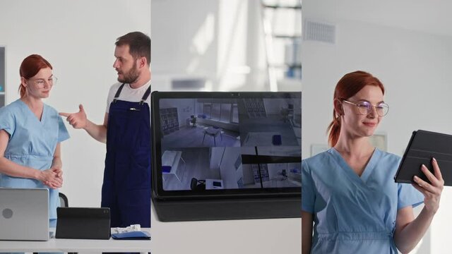 collage, man in uniform explains principle of hidden security camera and applying on digital tablet, depicting premises from video camera on screen of gadget, young woman with tablet in hands watches