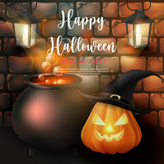 Happy halloween witch's magic poison pot pumkin lantern with hat and candle hand lamp with retro brick wall background