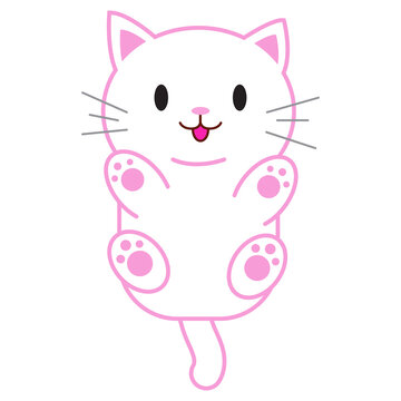 Funny cartoon cat, cute vector illustration in flat style. White and pink cat. Smiling fat kitten. Positive print for sticker, cards, clothes, textile, design and decor. 