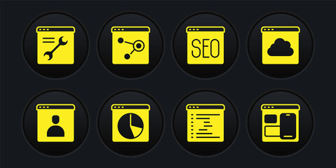 Set Create account screen, Cloud technology data transfer, Graph chart infographic, Browser window, SEO optimization, Web developer programming code and setting icon. Vector