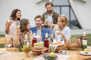 Pleased european friends talking and celebrating during friendly picnic. Young men and women drinking wine from glasses. Concept of friendship. Idea of leisure. Table with organic fruits