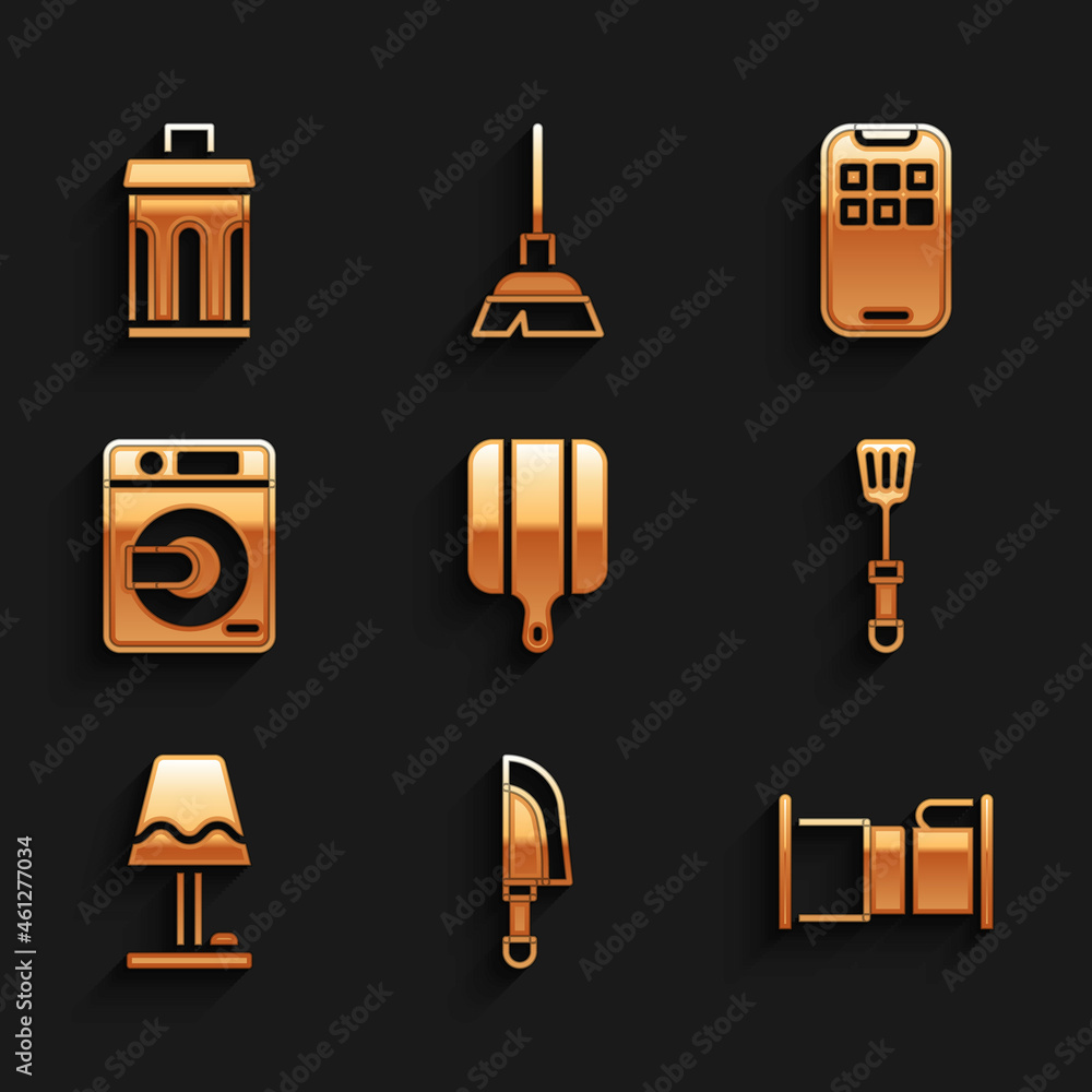 Wall mural Set Cutting board, Knife, Bed, Spatula, Table lamp, Washer, Mobile Apps and Trash can icon. Vector