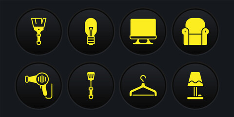 Set Hair dryer, Armchair, Spatula, Hanger wardrobe, Smart Tv, Light bulb, Table lamp and Paint brush icon. Vector