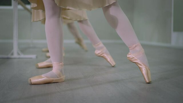 Front view female legs in pointes performing tendu ballroom movement. Group of unrecognizable Caucasian young slim women rehearsing simultaneously standing at barre in dance studio indoors