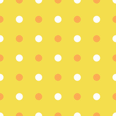 Polka Dot Pattern, Marigold Orange and White Color on Illuminating Yellow Background. Seamless Background for graphic design, fabric, textile, fashion. Color Trend 2021 spring, summer