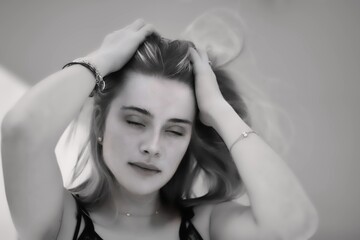 Naklejka premium Beautiful blonde girl with closed eyes holding her hair with her hands