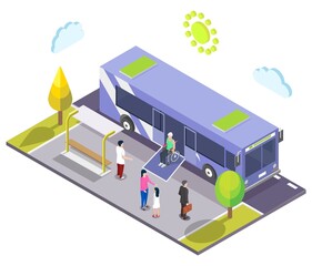 Isometric bus stop, disabled man in wheelchair leaving city bus using access ramp. Public transport accessibility vector