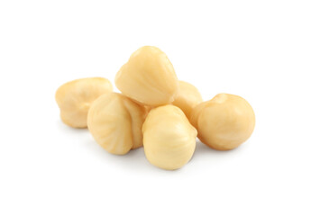 Tasty organic hazelnuts on white background. Healthy snack