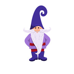 Cute gnome in a blue hat and boots. The gnome stands and smiles. A dwarf with a long beard. Hands behind your back. Flat style. Isolated on a white background. Long mustache. Vector illustration