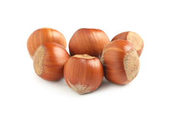 Tasty organic hazelnuts on white background. Healthy snack