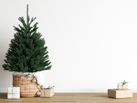 christmas tree and gift box, blank wall mockup, 3d render