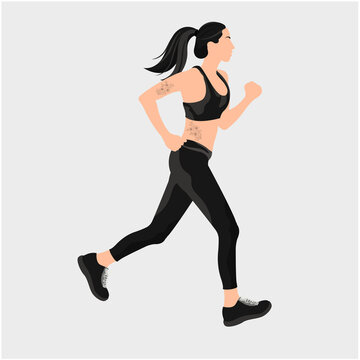 Young girl, doing running exercise. Wearing black sport bra and black sport legging.
