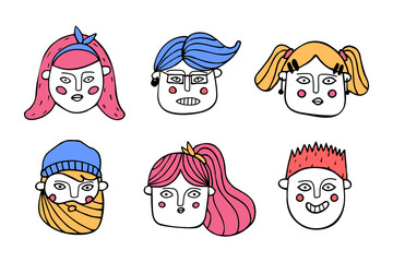 Collection of comic human faces. Vector illustration in doodle style.