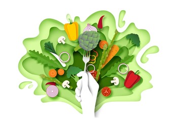 Fresh vegetables and hand holding fork with artichoke, vector paper cut illustration. Healthy food, vegan diet. - obrazy, fototapety, plakaty